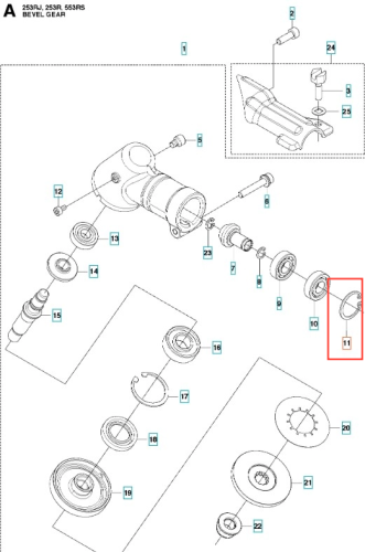 Pierścień sprężynujący wykaszarki Husqvarna 253RJ, metalowy, okrągły, elastyczny, z oznaczeniami i detalami montażowymi, na białym tle podkreślającym szczegóły.