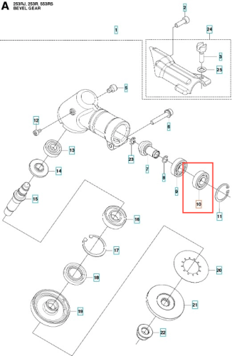 Łożysko kulkowe wykaszarki 253RJ Husqvarna, okrągłe, metalowe, z wyraźnym oznaczeniem numeru 10. Widoczna struktura powierzchni, z elementami mocującymi. Produkt przedstawiony w układzie obok pozostałych części mechanizmu, na białym tle.