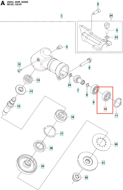 Łożysko kulkowe wykaszarki 253RJ Husqvarna, okrągłe, metalowe, z wyraźnym oznaczeniem numeru 10. Widoczna struktura powierzchni, z elementami mocującymi. Produkt przedstawiony w układzie obok pozostałych części mechanizmu, na białym tle.