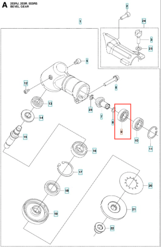 Łożysko wykaszarki Husqvarna 253RJ, w okrągłym kształcie, wykonane z metalu, przedstawione w zbliżeniu. Na części elementu widoczne są czytelne oznaczenia oraz detale konstrukcyjne. Tło proste, co ułatwia identyfikację produktu.
