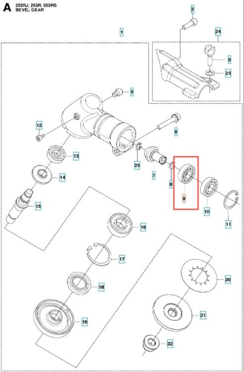 Łożysko wykaszarki Husqvarna 253RJ, w okrągłym kształcie, wykonane z metalu, przedstawione w zbliżeniu. Na części elementu widoczne są czytelne oznaczenia oraz detale konstrukcyjne. Tło proste, co ułatwia identyfikację produktu.