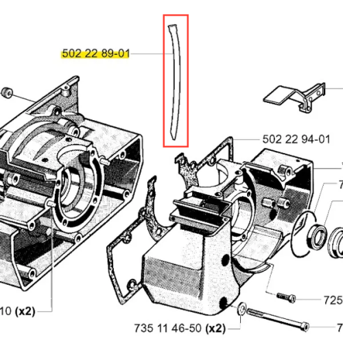 Przewód wykaszarki 252 RX Husqvarna w kolorze żółtym o lekko giętym kształcie, widoczny w centrum rysunku technicznego. Jest to element zamieszczony obok innych części, w tym obudowy silnika. Wyraźnie widoczny numer katalogowy: 502 22 89-01.