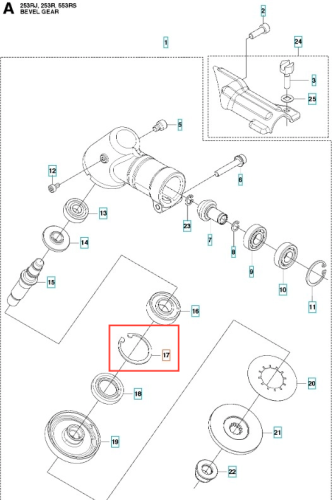 Pierścień sprężynujący wykaszarki 253RJ Husqvarna, okrągły, gładki, w odcieniach szarości, na jednolitym tle, bez napisów i logo. Do montażu w urządzeniu.