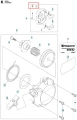 Schemat wykaszarki Husqvarna E-ring 253RJ z elementami startowymi: metalowa obudowa z logo, koło zębate, sprężyna, uchwyt i oznaczenia montażu na białym tle.