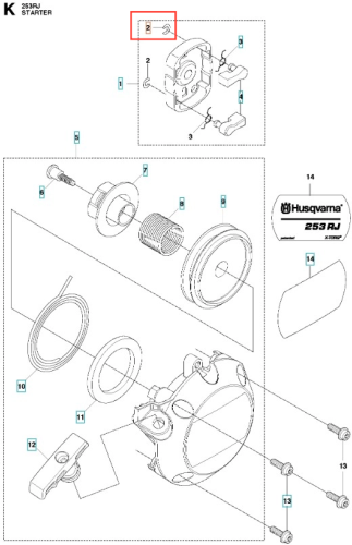 Schemat wykaszarki Husqvarna E-ring 253RJ z elementami startowymi: metalowa obudowa z logo, koło zębate, sprężyna, uchwyt i oznaczenia montażu na białym tle.
