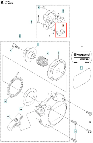Zapadka wykaszarki 253RJ Husqvarna w kolorze szarym. Element o prostokątnym kształcie, widoczny z boku, z wyraźnymi oznaczeniami na powierzchni. Przeznaczona do systemów uruchamiania, umieszczona w zestawieniu z innymi komponentami technicznymi.