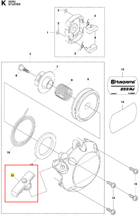 Pokrętło wykaszarki 253RJ Husqvarna, prostokątne, z tworzywa sztucznego w szaro-białym kolorze, z otworami montażowymi i teksturowaną powierzchnią, na białym tle w zbliżeniu.