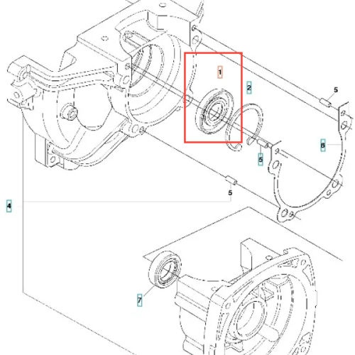 Czarna gumowa uszczelka do wykaszarki Husqvarna 253RJ, okrągła, z widocznymi detalami montażowymi i ekscentrycznym ułożeniem, na jasnym tle. Idealna do wymiany w sprzęcie ogrodniczym.
