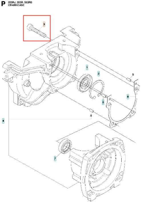 Śruba wykaszarki Husqvarna 253RJ o cylindrycznym kształcie i rowkach, metalowa, srebrna, leżąca płasko. W tle widoczna konstrukcja silnika wykaszarki.