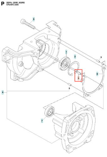 Przetyczka wykaszarki 253RJ Husqvarna w kolorze czarnym, wykonana z metalu. Widoczna z boku, z montażowym otworem. Detal przedstawia miejsce instalacji z wyraźnym oznaczeniem. Elementy wizualne koncentrują się na strukturze przetyczki oraz otworach.