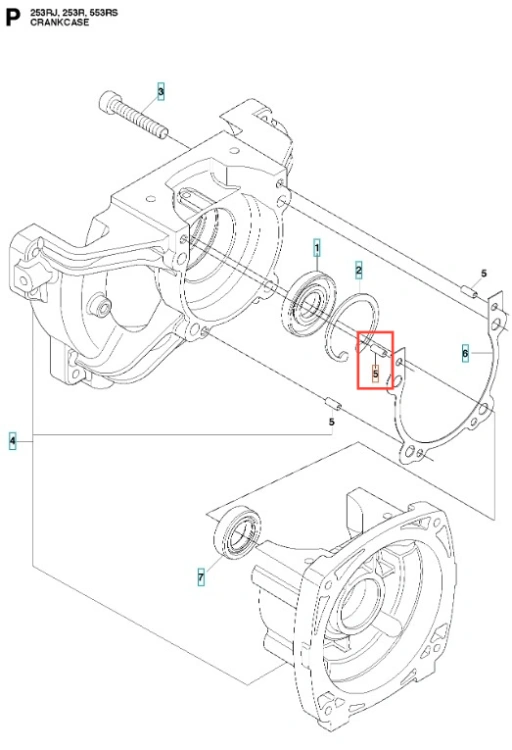 Przetyczka wykaszarki 253RJ Husqvarna w kolorze czarnym, wykonana z metalu. Widoczna z boku, z montażowym otworem. Detal przedstawia miejsce instalacji z wyraźnym oznaczeniem. Elementy wizualne koncentrują się na strukturze przetyczki oraz otworach.