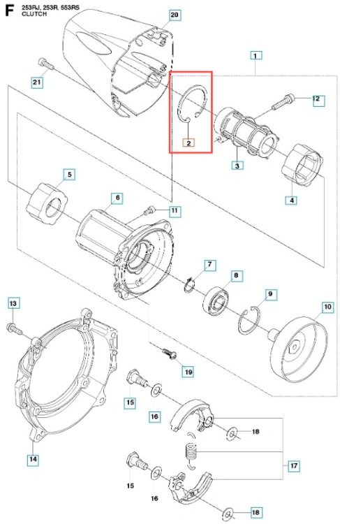 Pierścień sprężynujący do wykaszarki Husqvarna 253RJ, metalowy, w kształcie elipsy, umiejscowiony z boku, przedstawiony na białym tle. Widoczne detale, w tym wyraźne spoiny. Element montażowy, kluczowy do działania sprzętu ogrodowego.