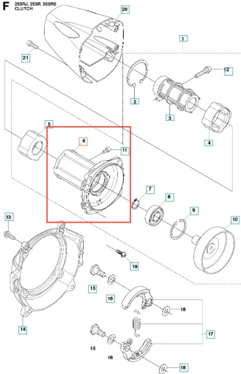 Metalowa obudowa wykaszarki Husqvarna 253RJ, cylindryczna, z otworem montażowym i detalami mocowania, widoczna z boku na białym tle. Część silnika, niekompletna, z charakterystycznym kształtem.