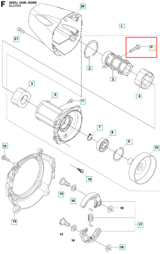 Szara, metalowa śruba wykaszarki Husqvarna 253RJ z gwintem i sześciokątną główką, widoczna z bliska na neutralnym tle. Wymiary i napisy dobrze czytelne, produkt leży poziomo.