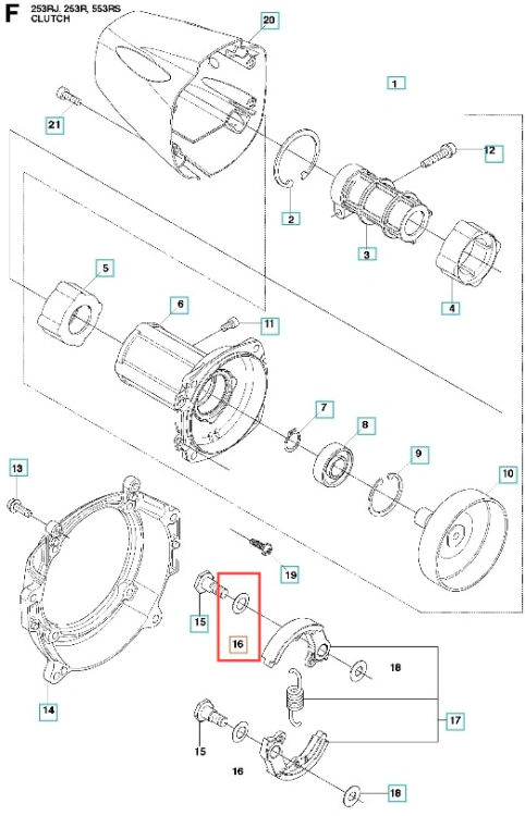 Podkładka wykaszarki 253RJ Husqvarna w kolorze srebrnym, wykonana z metalu, o okrągłym kształcie. Widoczna z boku, w otoczeniu innych części układu sprzęgła. Z wyróżnionym detalem mocowania oraz widocznymi oznaczeniami na powierzchni.