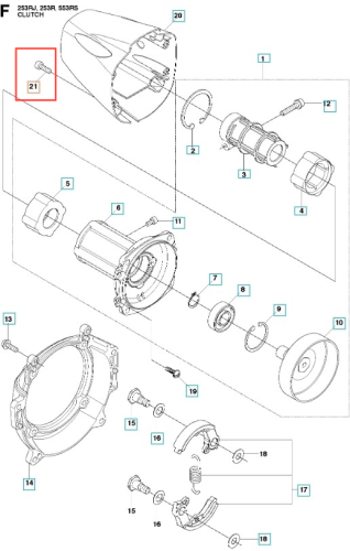 Śruba wykaszarki 253RJ Husqvarna, metalowa, o prostokątnym kształcie z gwintem. Zdjęcie przedstawia ją w zbliżeniu, z widocznym numerem identyfikacyjnym. Produkt leży płasko na stronie z białym tłem, co ułatwia identyfikację.