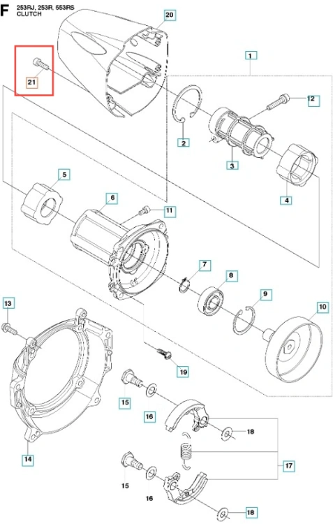 Śruba wykaszarki 253RJ Husqvarna, metalowa, o prostokątnym kształcie z gwintem. Zdjęcie przedstawia ją w zbliżeniu, z widocznym numerem identyfikacyjnym. Produkt leży płasko na stronie z białym tłem, co ułatwia identyfikację.