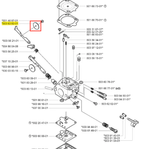 Zawór ssania do wykaszarki 252 RX Husqvarna, mały, okrągły element w kolorze czarnym. Widoczny z boku na schemacie części, pozbawiony dodatkowych wzorów. Zestaw części, z którymi współpracuje, ma przewody i mocowania, dobrze uwidocznione.