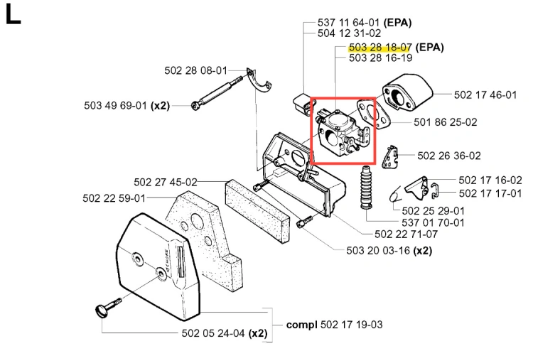 Gaźnik wykaszarki Husqvarna 252 RX z metalową, szarą obudową, widocznymi mocowaniami i otworami na węże. Widok z przodu ukazuje zawór i regulator. Produkt na białym tle podkreśla detale konstrukcji.