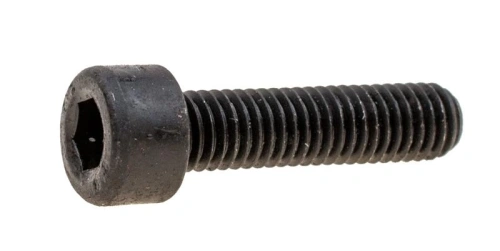 Śruba wykaszarki 253RJ Husqvarna, czarna, metalowa, z sześciokątnym łbem, gwintowana, o długości około 5 cm, widoczna z boku. Na górze znajduje się otwór do klucza. Tło jednolite, białe.