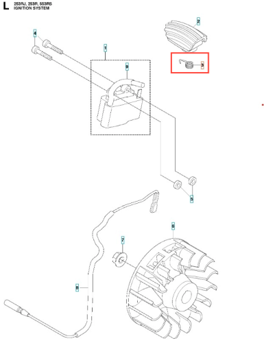 Sprężyna wykaszarki 253RJ Husqvarna, metalowa, okrągła, w widoku z góry. Widoczne mocowanie w środku, z minimalistycznymi detalami. Produkt leżący na białym tle, co ułatwia jego identyfikację w kontekście akcesoriów do kosiarek.