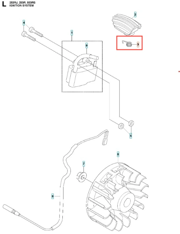 Sprężyna wykaszarki 253RJ Husqvarna, metalowa, okrągła, w widoku z góry. Widoczne mocowanie w środku, z minimalistycznymi detalami. Produkt leżący na białym tle, co ułatwia jego identyfikację w kontekście akcesoriów do kosiarek.