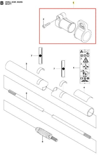 Zespół uchwytu wykaszarki 253RJ Husqvarna z cylindrycznym elementem montującym i pierścieniem, widoczny z góry w rozłożeniu na białym tle dla lepszej widoczności detali.