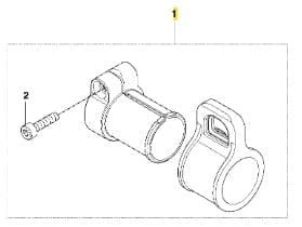 Zespół uchwytu wykaszarki Husqvarna 253RJ: metalowy, okrągły, srebrny uchwyt z otworem montażowym i gładką stroną, wraz ze śrubą montażową, widoczny z boku.