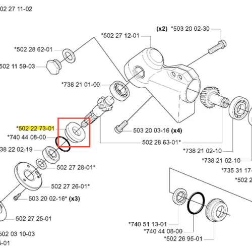 Uszczelnienie wykaszarki Husqvarna 252 RX w formie czarnego pierścienia, nr kat. 502 22 73-01, z elastycznego materiału, zapewniające szczelność mechanizmu, widoczne na schemacie w otoczeniu innych części.