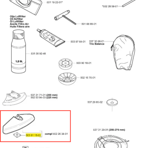 Płyta ustalająca do wykaszarki Husqvarna 252 RX, w kształcie prostokątnym, wykonana z wytrzymałego materiału. Widoczny numer katalogowy 503 81 15-01. Produkt leży na neutralnym tle, w układzie poziomym, co podkreśla jego design i detale.