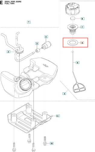 Opakowanie wykaszarki 253RJ Husqvarna zawiera zbiornik paliwa w kolorze ciemnoszarym, z uchwytami i otworem do nalewania. Widoczne detale to nakrętka z oznaczeniami oraz elementy mocujące. Produkt przedstawiony w układzie frontalnym.