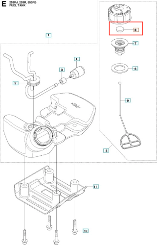 Czarny filtr paliwa do wykaszarki Husqvarna 253RJ, prostokątny, z logo, gwintowanym mocowaniem i charakterystycznymi otworami, nowy, na białym tle.