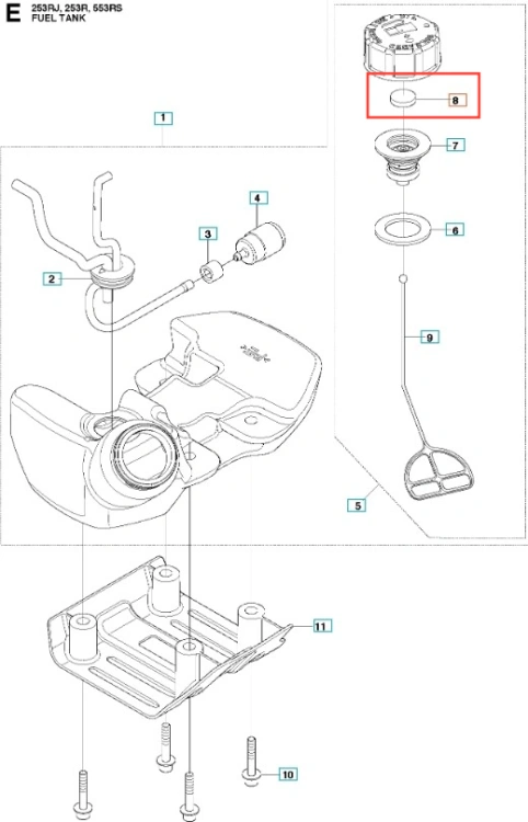 Czarny filtr paliwa do wykaszarki Husqvarna 253RJ, prostokątny, z logo, gwintowanym mocowaniem i charakterystycznymi otworami, nowy, na białym tle.