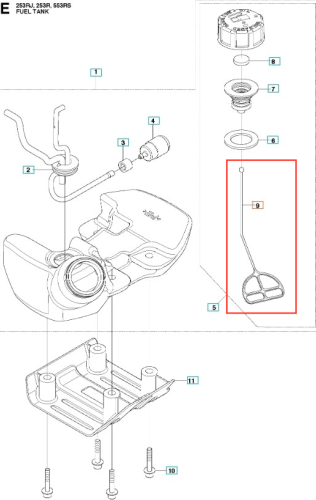Hamulec wykaszarki 253RJ Husqvarna, metalowy element o prostokątnym kształcie z uchwytem oraz otworem w dolnej części. Ujęcie pod kątem, w zbliżeniu na detal, na białym tle. Widoczne mocowania.