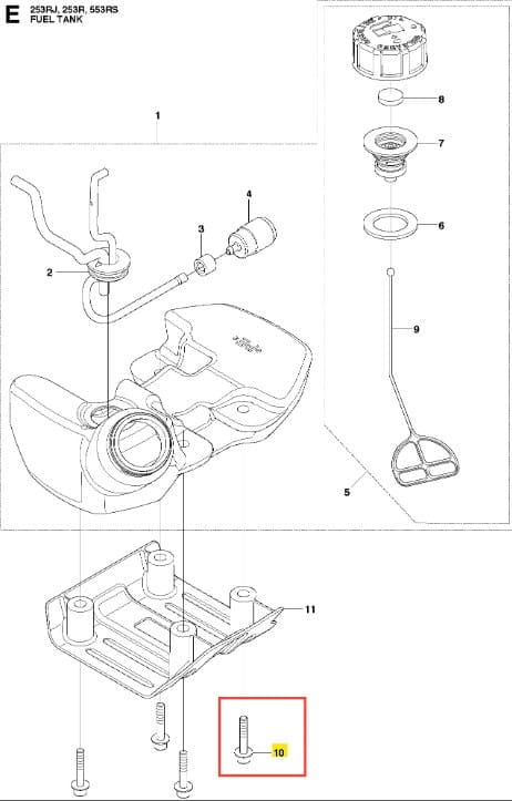 Śruba wykaszarki Husqvarna 253RJ, metalowa, cylindryczna, o zastosowaniu w silnikach, z widocznym gwintem na długości. Ujęcie z boku, ukazuje szczegóły konstrukcji. Widoczna w kontekście montażu, z pozostałymi komponentami, na jasnym tle.