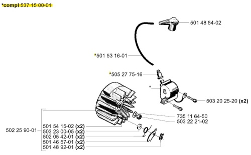 Moduł elektroniczny wykaszarki 252 RX Husqvarna w układzie rozłożonym, zawiera zabezpieczenie, przewód i komponenty szare. Widok z góry, szczegóły montażu i etykiety z numerami części na białym tle.