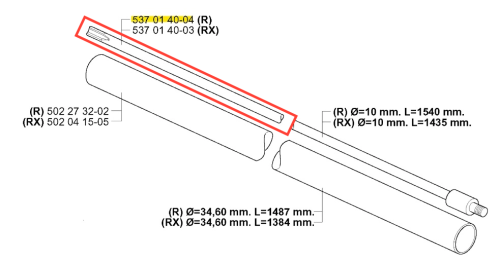 Zespół wału napędowego wykaszarki 252 RX Husqvarna przedstawia różne elementy, w tym rurki o średnicy 10 mm i długości od 1384 mm do 1540 mm. Widok z boku, z czytelnymi oznaczeniami i wymiarami produktu, umieszczony na prostym tle.