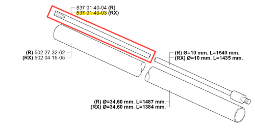 Zespół wału napędowego wykaszarki Husqvarna 252 RX, dwie rurki o średnicy 10 mm i długościach 1540 i 1435 mm, z numerem katalogowym 537 01 40-03 (RX) na górnej rurze, na prostym tle.