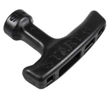 Czarne pokrętło dmuchawy 150BF Husqvarna, o ergonomicznej formie w kształcie litery T. Widoczne napisy START na górnej części. Produkt leży na jednolitym tle, widoczny z boku, co podkreśla szczegóły konstrukcji.