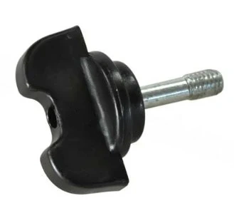 Czarne pokrętło dmuchawy 150BF Husqvarna, o ergonomicznym kształcie z zagłębieniem na palec. Widoczny gwint do mocowania. Ujęcie z boku, na jasnym tle, co ułatwia identyfikację detali produktu.