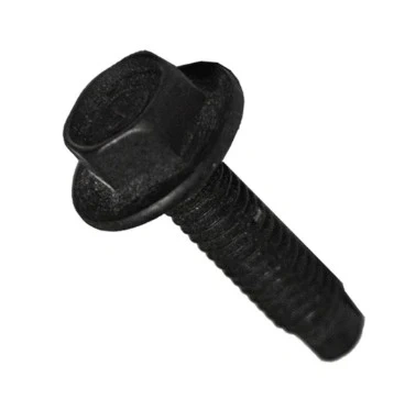 Śruba dmuchawy 225 B Husqvarna w kolorze czarnym, z sześciokątną główką i gwintem o wyraźnej teksturze. Produkt leży na białym tle, ukazując detal konstrukcji i kształt. Długość gwintu oraz powierzchnia główki wyraźnie widoczne.