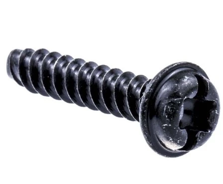 Czarna śruba dmuchawy 150BF Husqvarna z główką Phillips. Wykonana z metalu, o spiralnym gwincie i płaskiej główce. Zbliżenie na detal, ukazujące teksturę gwintu i powierzchnię. Produkt leży poziomo na jasnym tle.