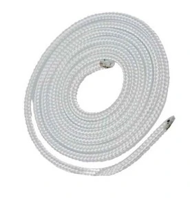 Linka rozrusznika dmuchawy 150BT Husqvarna, wykonana z białego, elastycznego materiału, zwinięta w okrąg. Końce linki są zakończone metalowymi elementami. Widoczna gładka tekstura i spiralny splot, bez dodatkowych oznaczeń czy dekoracji.