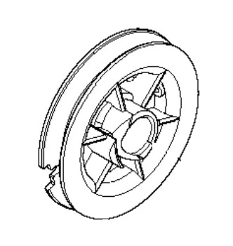 Rolka dmuchawy 150BT Husqvarna, w kolorze szarym, wykonana z plastiku. Widoczne detale to oś z centralnym otworem oraz kilka łopat, które zapewniają odpowiednią aerodynamikę. Ujęcie z boku, pokazujące kształt i konstrukcję rolki.