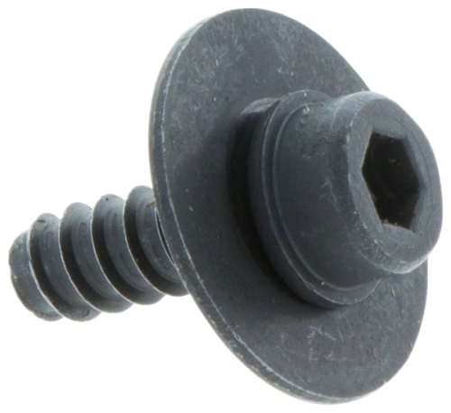 Śruba dmuchawy 356BTx Husqvarna, czarna, o zaokrąglonej głowicy i gwintowanej łbie, widoczna w zbliżeniu, poziomo, z sześciokątnym otworem do montażu. Brak dodatkowych napisów lub logo.