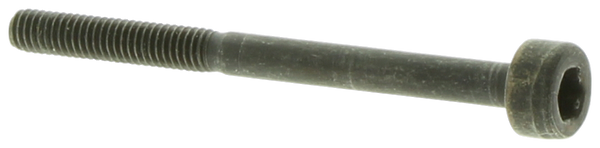 Śruba dmuchawy 356BTx Husqvarna, metalowa z gwintem, o umiarkowanej długości, z płaską główką. Widok z boku, skupiający się na szczegółach gwintu oraz otworze umieszczonym na końcu. Kolor ciemnoszary, matowy, bez dodatkowych oznaczeń.