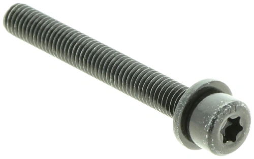 Śruba dmuchawy 360BT Husqvarna, czarna z sześciokątną główką i gładkim prętem, leżąca na tle. Długość i gwint przystosowane do urządzeń ogrodowych.