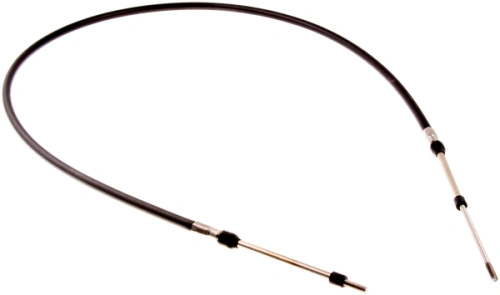 Przewód sterowania ridera R 111B Husqvarna w czarnym kolorze, o gładkiej powierzchni, z metalowymi końcówkami. Ułożony w kształcie okręgu, ukazuje szczegóły montażowe. Tło jest jednolite, co podkreśla jego cechy funkcjonalne.