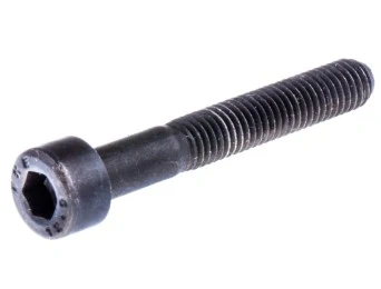 Śruba dmuchawy 356BTx Husqvarna, metalowa, czarna, z gwintem na trzonku i stożkowym łbem z sześciokątnym gniazdem. Produkt na białym tle. Do montażu w urządzeniach Husqvarna.