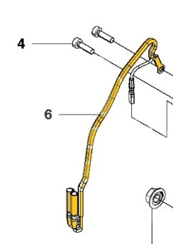 Linka dmuchawy do Husqvarna 530BT w kolorze żółtym, z giętym kształtem i metalowym mocowaniem. Produkt pokazany z boku, z widoczną strukturą i detalami połączeń. Długość linki i konstrukcja ułatwiają użytkowanie.